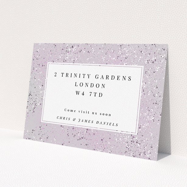 A change of address card design titled 'Stone Paint'. It is an A5 card in a landscape orientation. 'Stone Paint' is available as a flat card, with mainly purple/dark pink colouring.