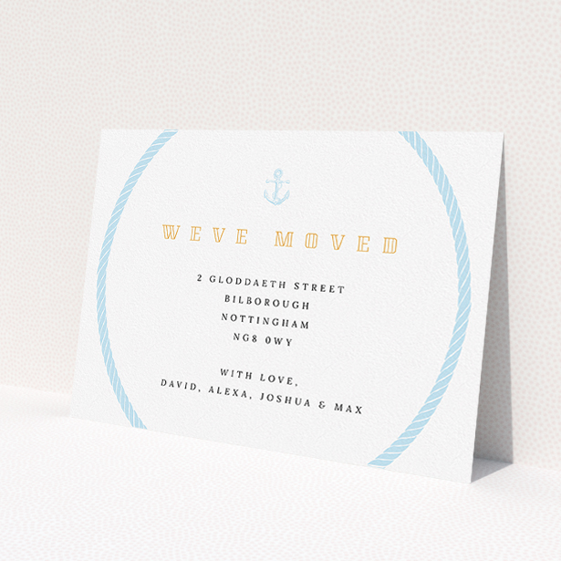 A change of address card template titled 'The Knot'. It is an A5 card in a landscape orientation. 'The Knot' is available as a flat card, with tones of blue and white.