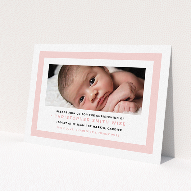 A christening invitation template titled 'Big Pink'. It is an A5 invite in a landscape orientation. It is a photographic christening invitation with room for 1 photo. 'Big Pink' is available as a flat invite, with tones of pink and white.