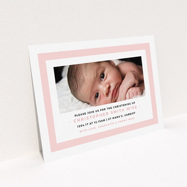 A christening invitation template titled "Big Pink". It is an A5 invite in a landscape orientation. It is a photographic christening invitation with room for 1 photo. "Big Pink" is available as a flat invite, with tones of pink and white.