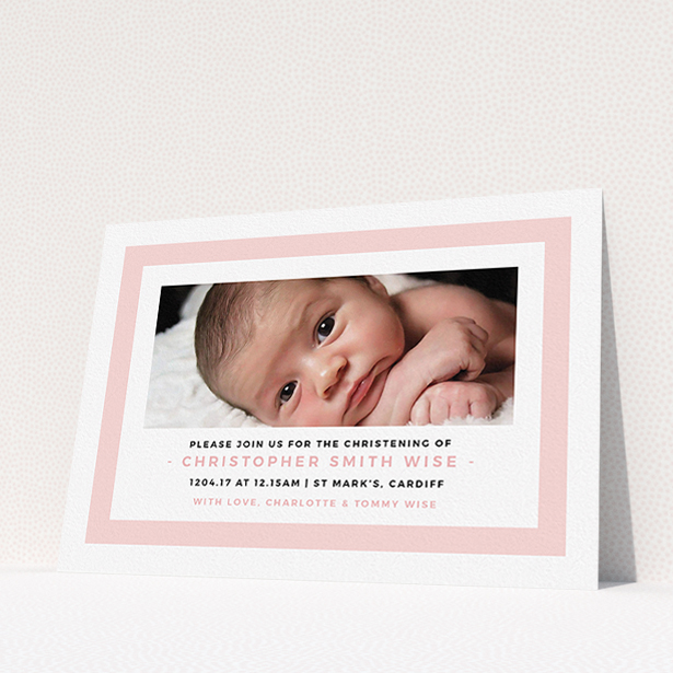 A christening invitation template titled "Big Pink". It is an A5 invite in a landscape orientation. It is a photographic christening invitation with room for 1 photo. "Big Pink" is available as a flat invite, with tones of pink and white.