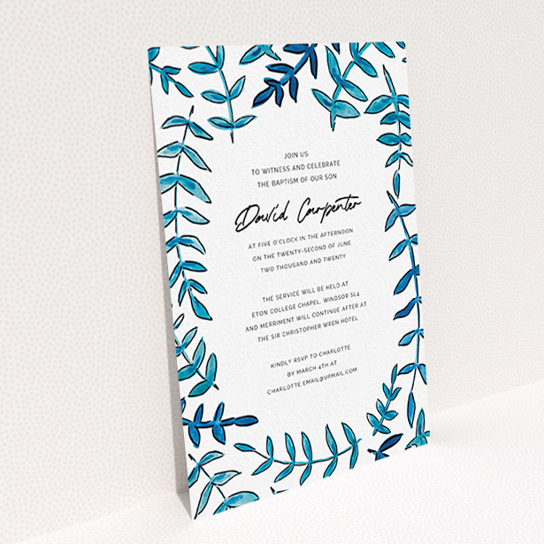 A christening invitation design called "Blue Branch Swirl". It is an A6 invite in a portrait orientation. "Blue Branch Swirl" is available as a flat invite, with tones of blue and white.