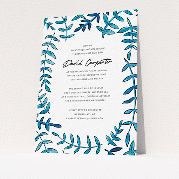 A christening invitation design called "Blue Branch Swirl". It is an A6 invite in a portrait orientation. "Blue Branch Swirl" is available as a flat invite, with tones of blue and white.