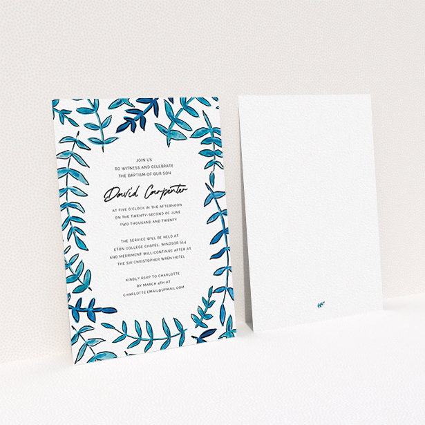 A christening invitation design called "Blue Branch Swirl". It is an A6 invite in a portrait orientation. "Blue Branch Swirl" is available as a flat invite, with tones of blue and white.