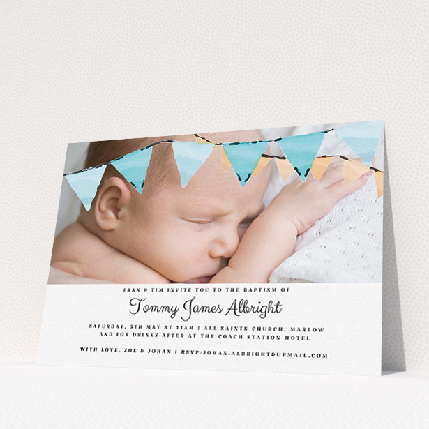 A christening invitation named "Blue Bunting". It is an A5 invite in a landscape orientation. It is a photographic christening invitation with room for 1 photo. "Blue Bunting" is available as a flat invite, with tones of blue and white.