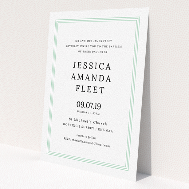 A christening invitation called 'Classic Border'. It is an A6 invite in a portrait orientation. 'Classic Border' is available as a flat invite, with tones of blue and white.
