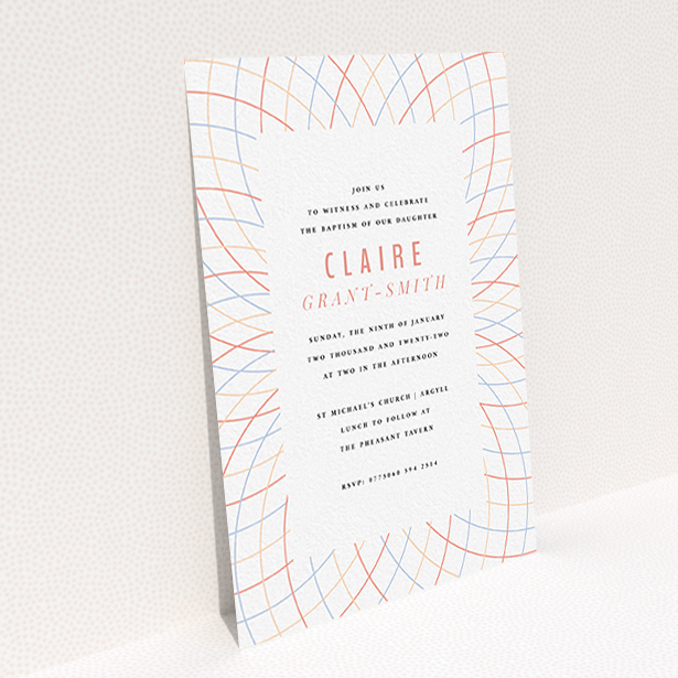 A christening invitation called "Concentric Circles". It is an A6 invite in a portrait orientation. "Concentric Circles" is available as a flat invite, with tones of white, red and blue.