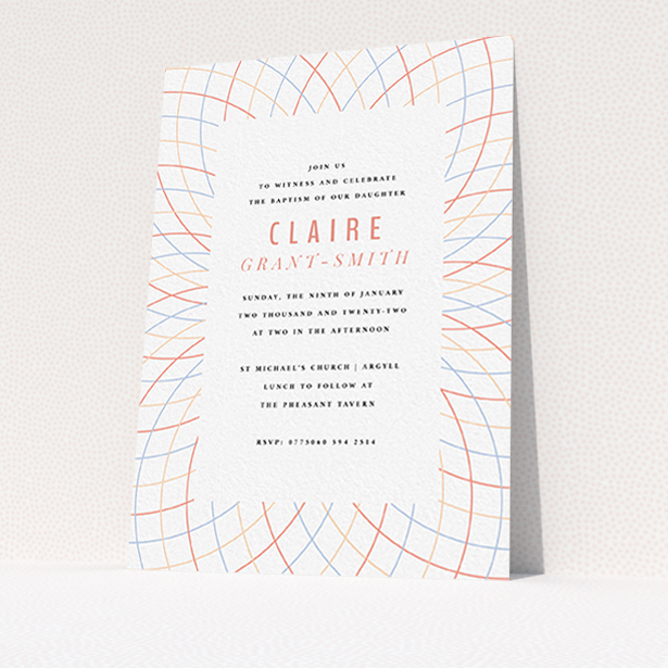 A christening invitation called "Concentric Circles". It is an A6 invite in a portrait orientation. "Concentric Circles" is available as a flat invite, with tones of white, red and blue.