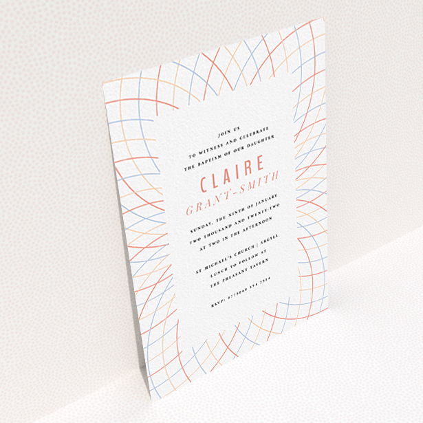 A christening invitation called "Concentric Circles". It is an A6 invite in a portrait orientation. "Concentric Circles" is available as a flat invite, with tones of white, red and blue.