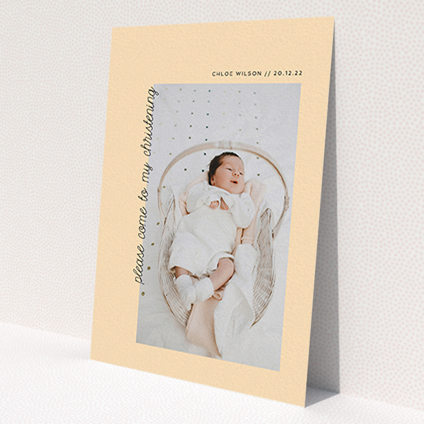 A christening invitation design called 'Old Orange'. It is an A6 invite in a portrait orientation. It is a photographic christening invitation with room for 1 photo. 'Old Orange' is available as a flat invite, with mainly pale orange colouring.