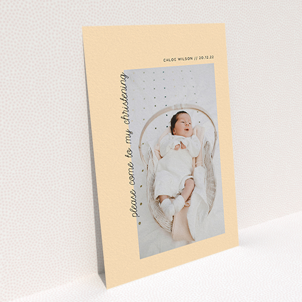 A christening invitation design called "Old Orange". It is an A6 invite in a portrait orientation. It is a photographic christening invitation with room for 1 photo. "Old Orange" is available as a flat invite, with mainly pale orange colouring.