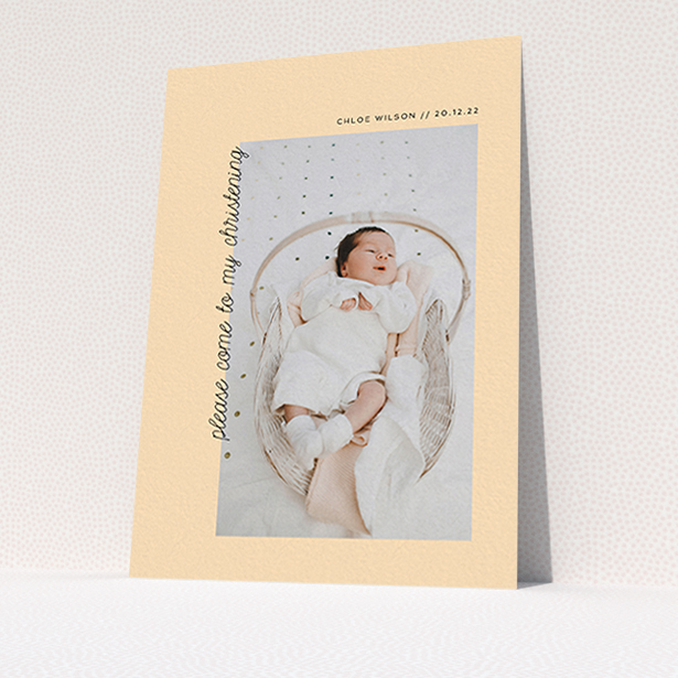 A christening invitation design called "Old Orange". It is an A6 invite in a portrait orientation. It is a photographic christening invitation with room for 1 photo. "Old Orange" is available as a flat invite, with mainly pale orange colouring.