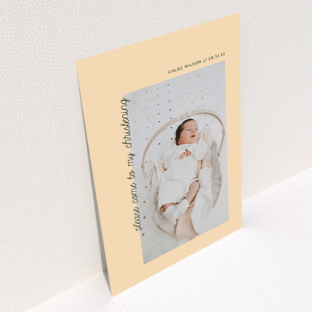 A christening invitation design called "Old Orange". It is an A6 invite in a portrait orientation. It is a photographic christening invitation with room for 1 photo. "Old Orange" is available as a flat invite, with mainly pale orange colouring.