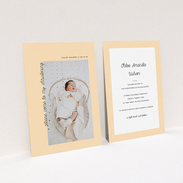 A christening invitation design called "Old Orange". It is an A6 invite in a portrait orientation. It is a photographic christening invitation with room for 1 photo. "Old Orange" is available as a flat invite, with mainly pale orange colouring.