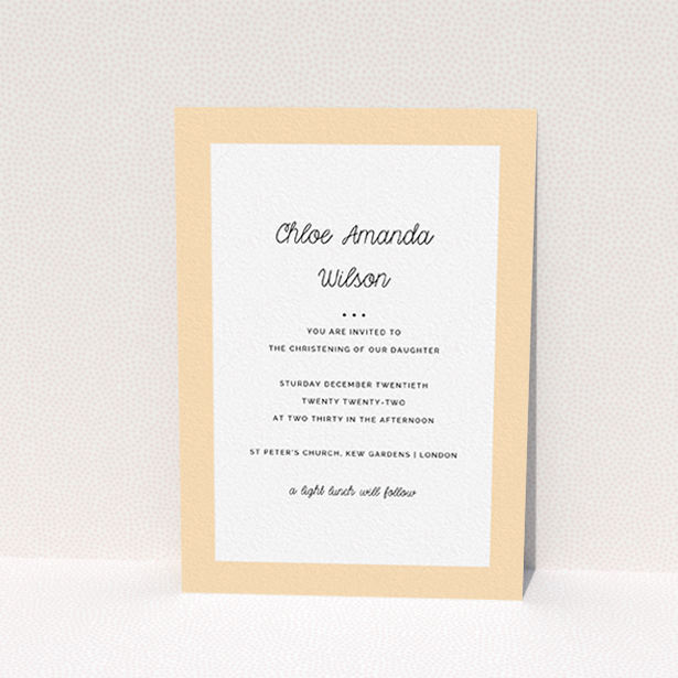 A christening invitation design called "Old Orange". It is an A6 invite in a portrait orientation. It is a photographic christening invitation with room for 1 photo. "Old Orange" is available as a flat invite, with mainly pale orange colouring.