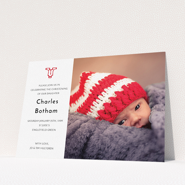 A christening invitation template titled "Onesie". It is an A5 invite in a landscape orientation. It is a photographic christening invitation with room for 1 photo. "Onesie" is available as a flat invite, with tones of white and red.