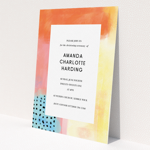 A christening invitation design called 'Pastel Abstract'. It is an A5 invite in a portrait orientation. 'Pastel Abstract' is available as a flat invite, with tones of orange, red and yellow.