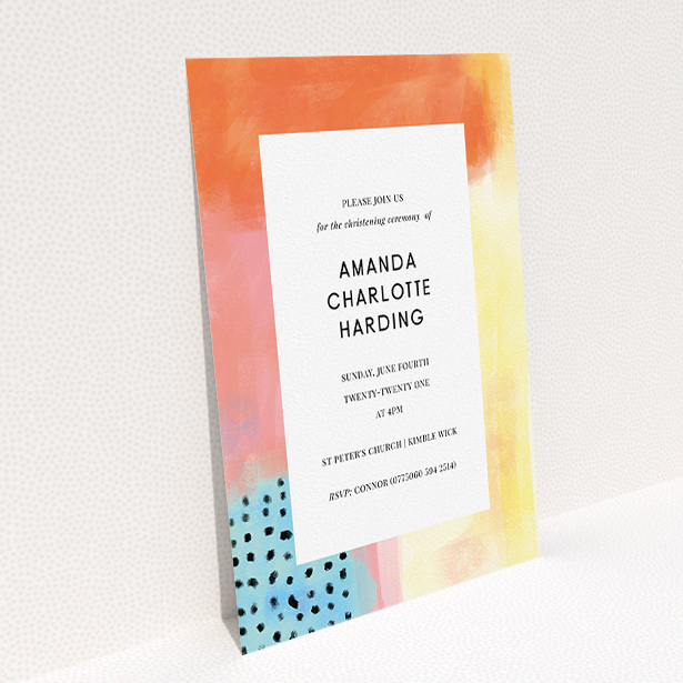 A christening invitation design called "Pastel Abstract". It is an A5 invite in a portrait orientation. "Pastel Abstract" is available as a flat invite, with tones of orange, red and yellow.