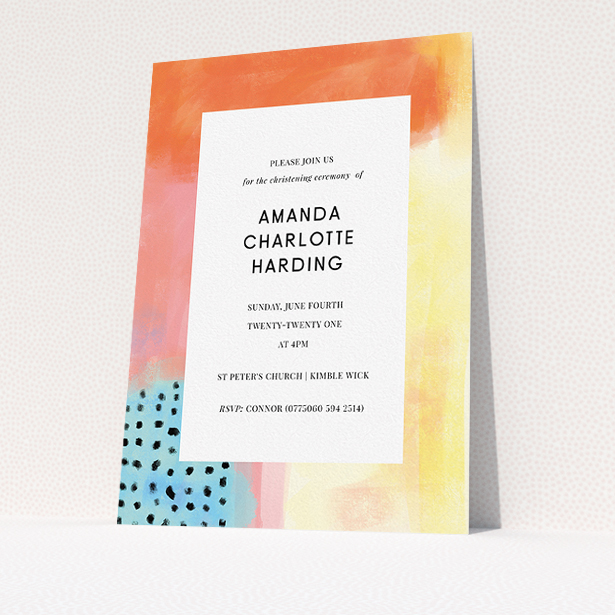 A christening invitation design called "Pastel Abstract". It is an A5 invite in a portrait orientation. "Pastel Abstract" is available as a flat invite, with tones of orange, red and yellow.