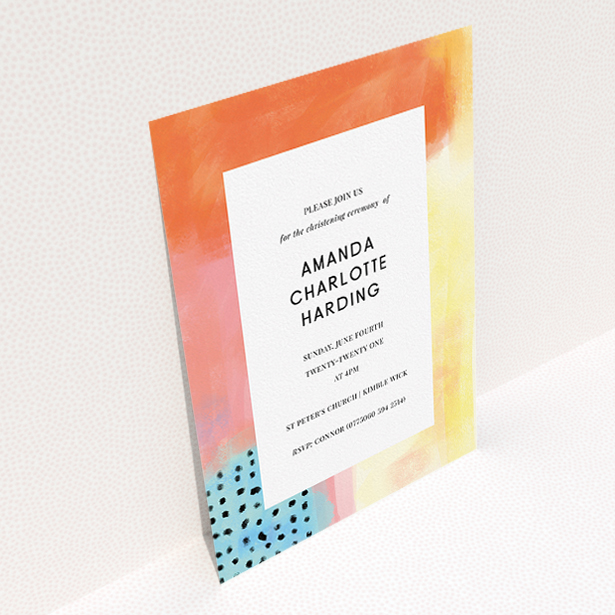 A christening invitation design called "Pastel Abstract". It is an A5 invite in a portrait orientation. "Pastel Abstract" is available as a flat invite, with tones of orange, red and yellow.