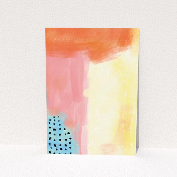 A christening invitation design called "Pastel Abstract". It is an A5 invite in a portrait orientation. "Pastel Abstract" is available as a flat invite, with tones of orange, red and yellow.
