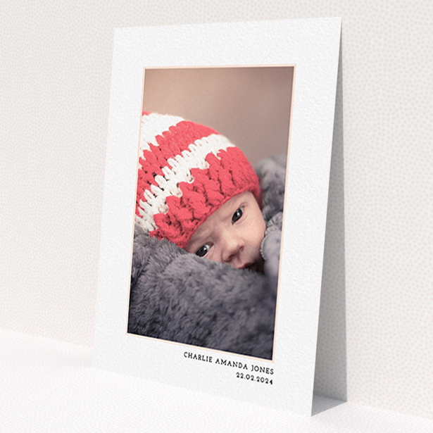 A christening invitation design called 'Photo Centre'. It is an A6 invite in a portrait orientation. It is a photographic christening invitation with room for 1 photo. 'Photo Centre' is available as a flat invite, with mainly white colouring.