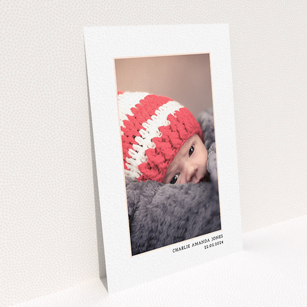 A christening invitation design called "Photo Centre". It is an A6 invite in a portrait orientation. It is a photographic christening invitation with room for 1 photo. "Photo Centre" is available as a flat invite, with mainly white colouring.