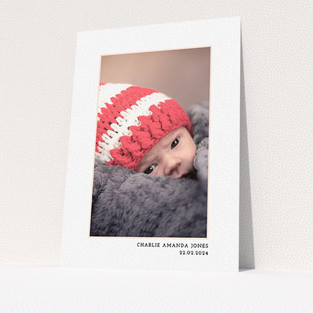 A christening invitation design called "Photo Centre". It is an A6 invite in a portrait orientation. It is a photographic christening invitation with room for 1 photo. "Photo Centre" is available as a flat invite, with mainly white colouring.