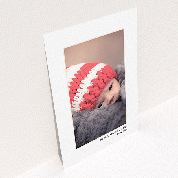A christening invitation design called "Photo Centre". It is an A6 invite in a portrait orientation. It is a photographic christening invitation with room for 1 photo. "Photo Centre" is available as a flat invite, with mainly white colouring.