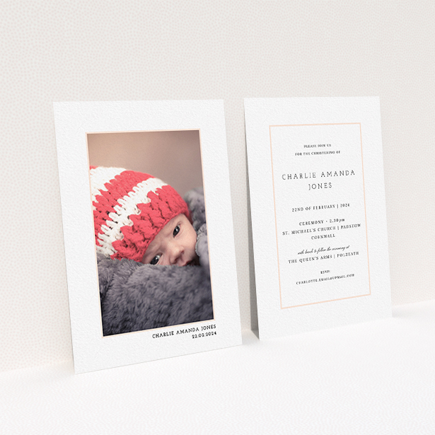 A christening invitation design called "Photo Centre". It is an A6 invite in a portrait orientation. It is a photographic christening invitation with room for 1 photo. "Photo Centre" is available as a flat invite, with mainly white colouring.