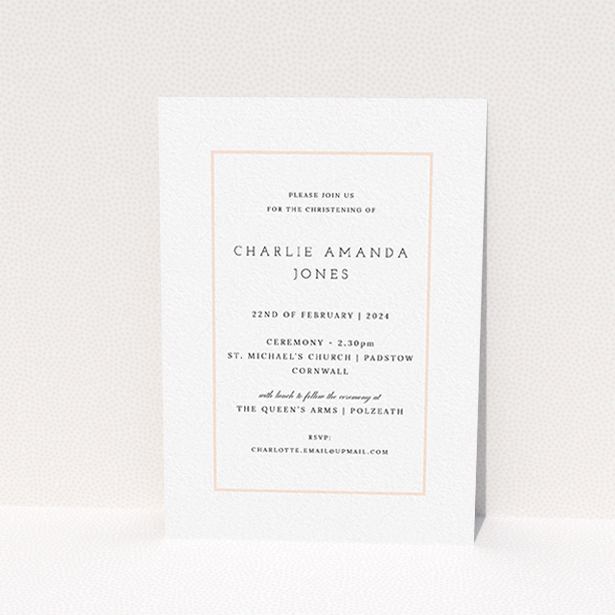 A christening invitation design called "Photo Centre". It is an A6 invite in a portrait orientation. It is a photographic christening invitation with room for 1 photo. "Photo Centre" is available as a flat invite, with mainly white colouring.