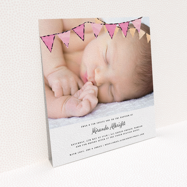 A christening invitation named "Pink Bunting". It is a square (148mm x 148mm) invite in a square orientation. It is a photographic christening invitation with room for 1 photo. "Pink Bunting" is available as a flat invite, with tones of pink and white.