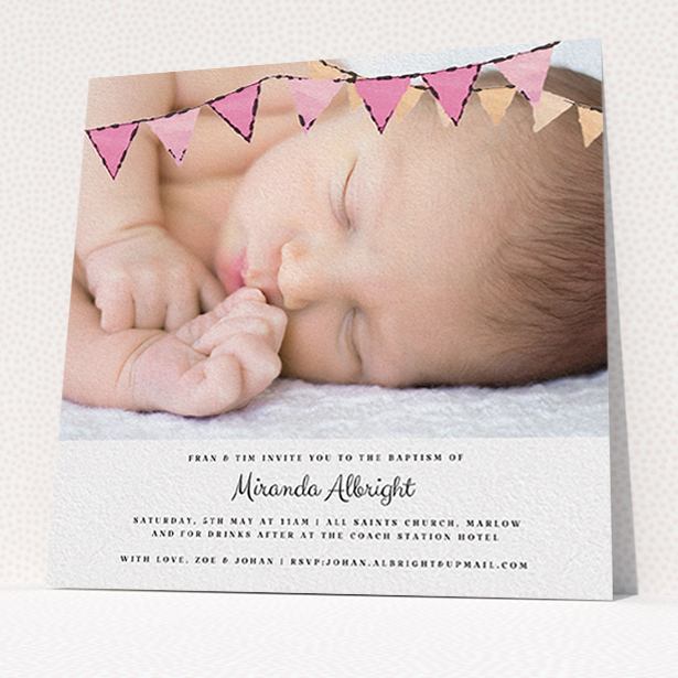 A christening invitation named "Pink Bunting". It is a square (148mm x 148mm) invite in a square orientation. It is a photographic christening invitation with room for 1 photo. "Pink Bunting" is available as a flat invite, with tones of pink and white.