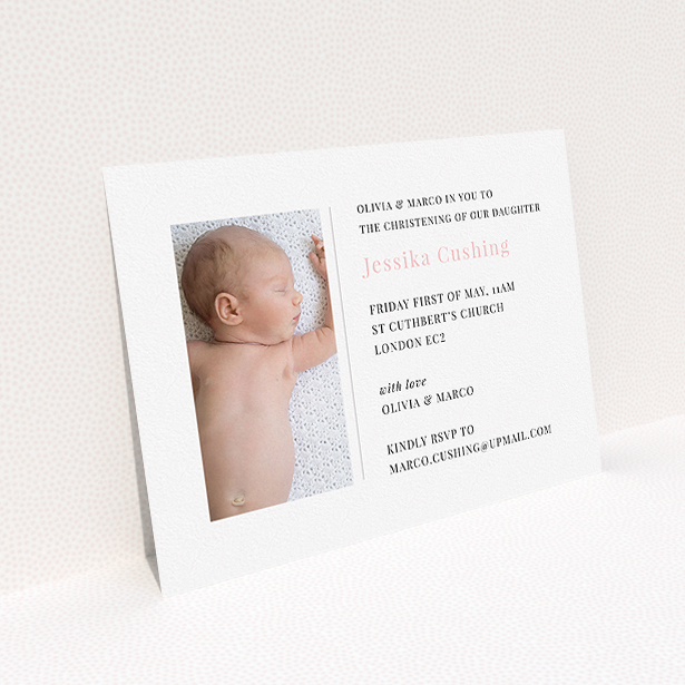 A christening invitation template titled "Please Welcome". It is an A5 invite in a landscape orientation. It is a photographic christening invitation with room for 1 photo. "Please Welcome" is available as a flat invite, with tones of white and pink.