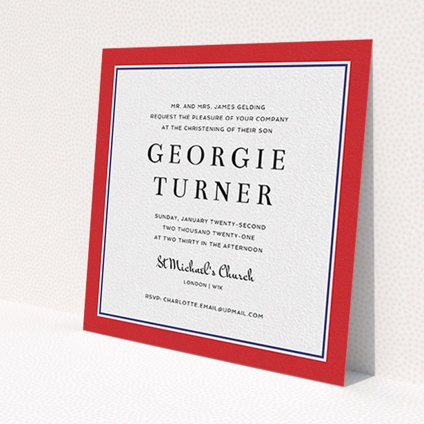 A christening invitation called 'Prep Pep'. It is a square (148mm x 148mm) invite in a square orientation. 'Prep Pep' is available as a flat invite, with tones of red and blue.