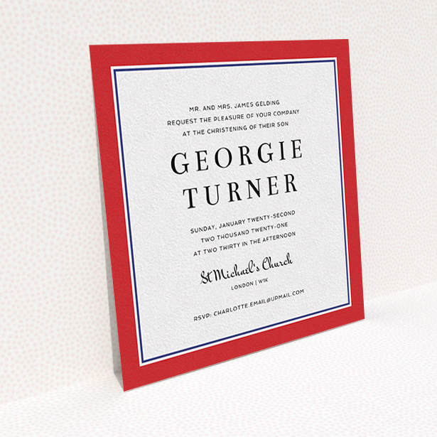 A christening invitation called "Prep Pep". It is a square (148mm x 148mm) invite in a square orientation. "Prep Pep" is available as a flat invite, with tones of red and blue.