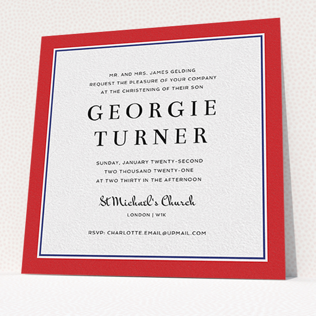 A christening invitation called "Prep Pep". It is a square (148mm x 148mm) invite in a square orientation. "Prep Pep" is available as a flat invite, with tones of red and blue.