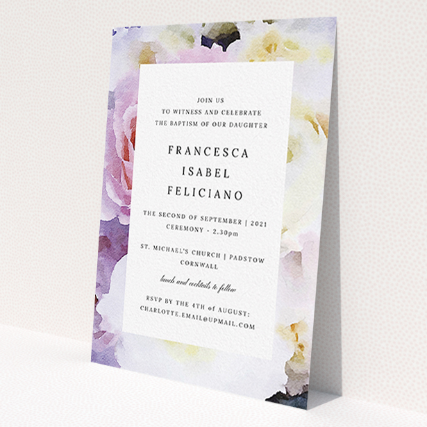 A christening invitation template titled 'Purple Rose'. It is an A6 invite in a portrait orientation. 'Purple Rose' is available as a flat invite, with tones of light purple and pink.