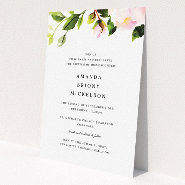 A christening invitation named 'Rose Ceiling'. It is an A6 invite in a portrait orientation. 'Rose Ceiling' is available as a flat invite, with tones of pink and green.