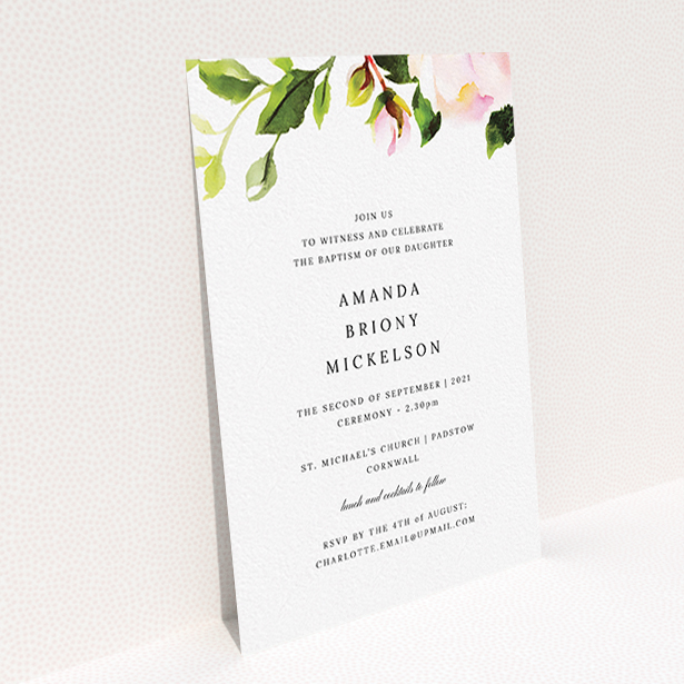 A christening invitation named "Rose Ceiling". It is an A6 invite in a portrait orientation. "Rose Ceiling" is available as a flat invite, with tones of pink and green.
