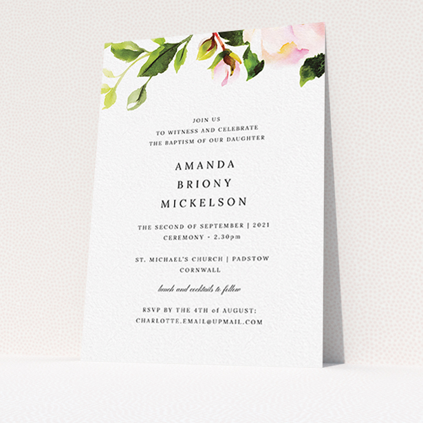 A christening invitation named "Rose Ceiling". It is an A6 invite in a portrait orientation. "Rose Ceiling" is available as a flat invite, with tones of pink and green.