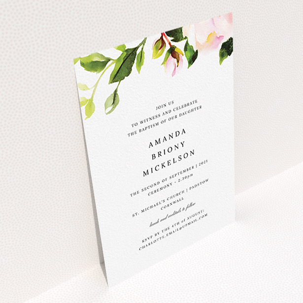 A christening invitation named "Rose Ceiling". It is an A6 invite in a portrait orientation. "Rose Ceiling" is available as a flat invite, with tones of pink and green.