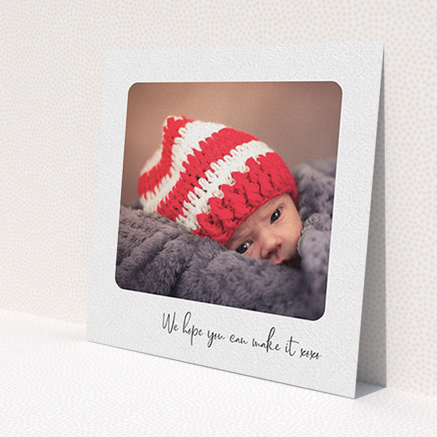 A christening invitation design titled 'Rounded Landscape Photo'. It is a square (148mm x 148mm) invite in a square orientation. It is a photographic christening invitation with room for 1 photo. 'Rounded Landscape Photo' is available as a flat invite, with mainly white colouring.
