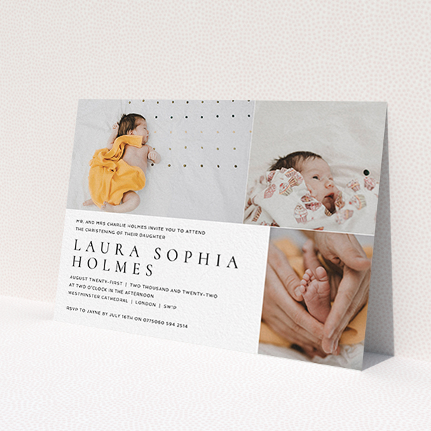 A christening invitation design titled 'Serif'. It is an A6 invite in a landscape orientation. It is a photographic christening invitation with room for 3 photos. 'Serif' is available as a flat invite, with mainly white colouring.