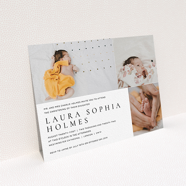A christening invitation design titled "Serif". It is an A6 invite in a landscape orientation. It is a photographic christening invitation with room for 3 photos. "Serif" is available as a flat invite, with mainly white colouring.