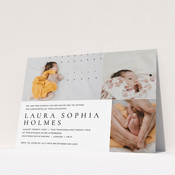 A christening invitation design titled "Serif". It is an A6 invite in a landscape orientation. It is a photographic christening invitation with room for 3 photos. "Serif" is available as a flat invite, with mainly white colouring.