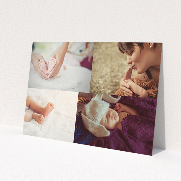 A christening invitation called 'Side-by-side'. It is an A5 invite in a landscape orientation. It is a photographic christening invitation with room for 3 photos. 'Side-by-side' is available as a flat invite, with mainly white colouring.