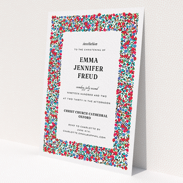 A christening invitation template titled 'Summer from a distance'. It is an A6 invite in a portrait orientation. 'Summer from a distance' is available as a flat invite, with tones of white and red.