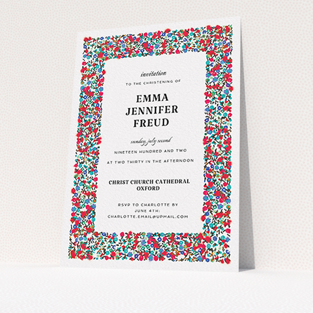 A christening invitation template titled "Summer from a distance". It is an A6 invite in a portrait orientation. "Summer from a distance" is available as a flat invite, with tones of white and red.