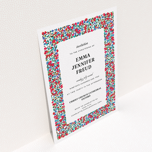 A christening invitation template titled "Summer from a distance". It is an A6 invite in a portrait orientation. "Summer from a distance" is available as a flat invite, with tones of white and red.